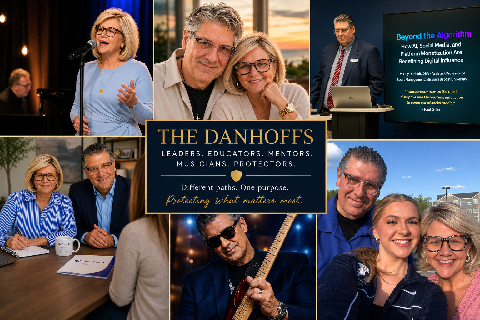 Collage of Dr. Guy and Sheila Danhoff on stage, speaking, meeting with clients, and with family